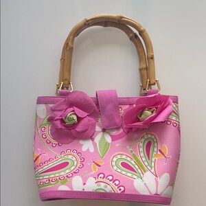 Vintage Lily Pulitzer Floral Pink Tote Bag with Bamboo Handles